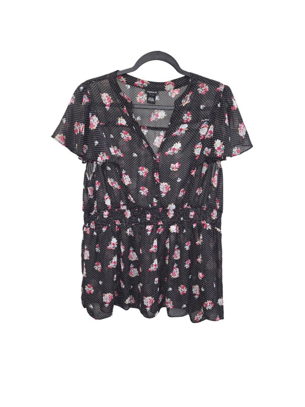 Torrid Womens 2 XL Floral Polka Dot Sheer Tunic Blouse Black 4147